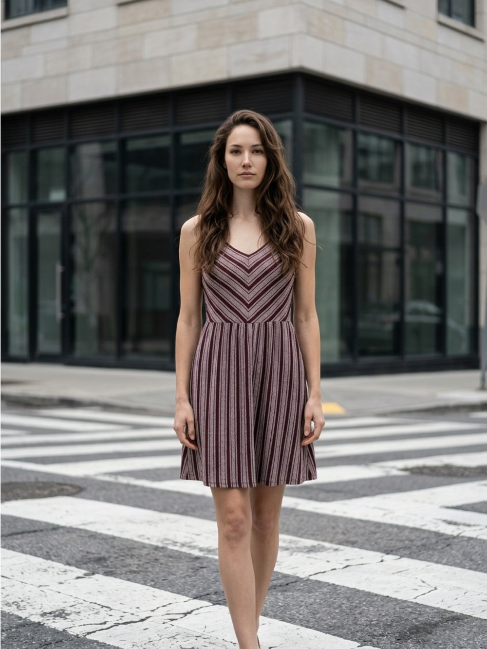 Universal Thread Sleeveless Striped Fit & Flare Dress in Burgundy and Cream